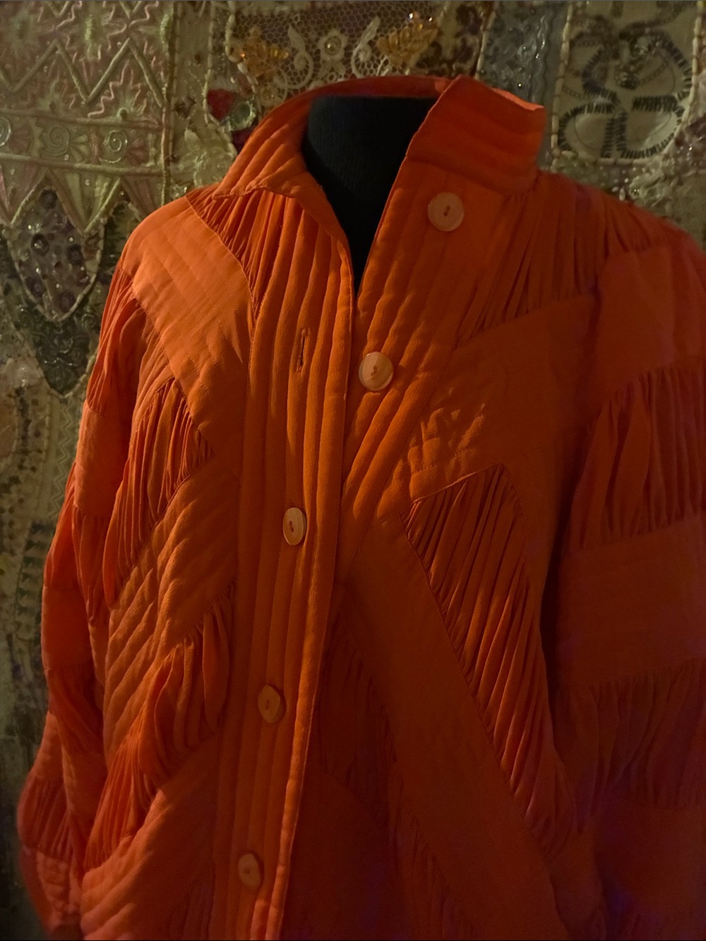 Cache Orange Textured Button-Front Bomber Jacket